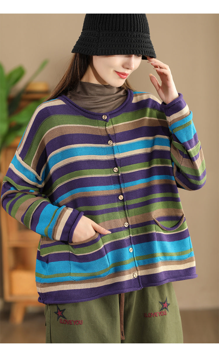 Women Casual Autumn Colorblock Stripe O-Neck Cotton Sweater AH1069