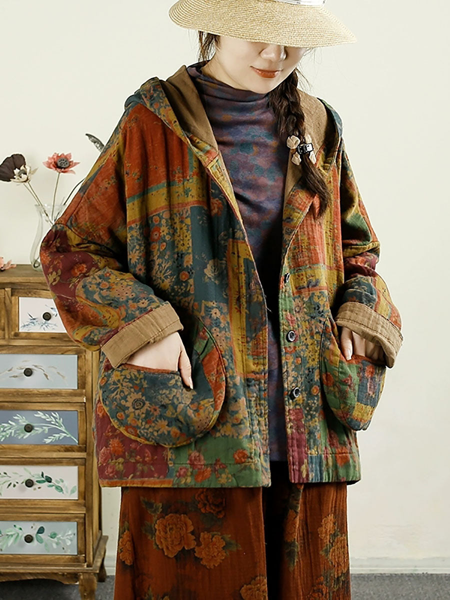 Manteau à capuche en coton patchwork de fleurs vintage pour femme AX1025 