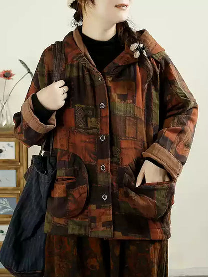 Women Autumn Vintage Flower Patchwork Cotton Hooded Coat AX1025