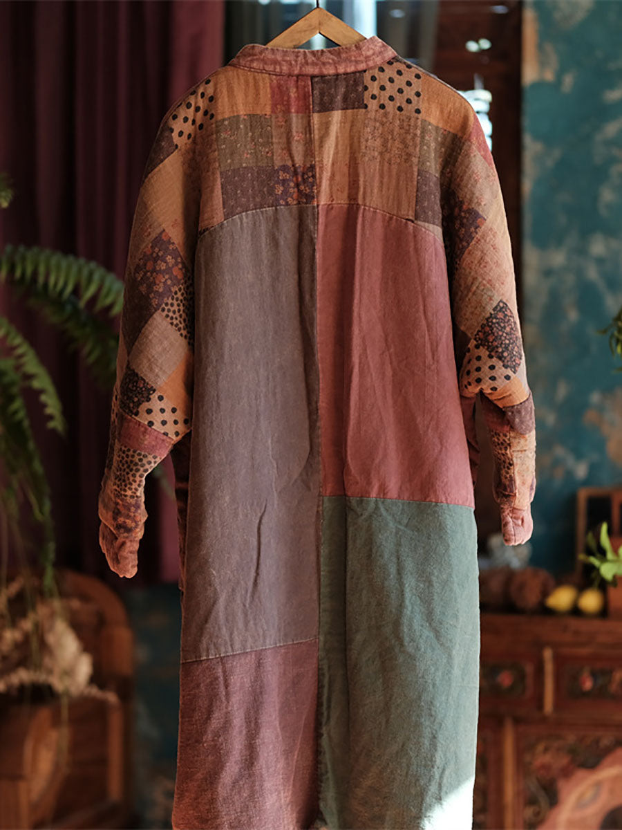 Women Vintage Autumn Patch Spliced Long Cotton Robe Coat AX1026