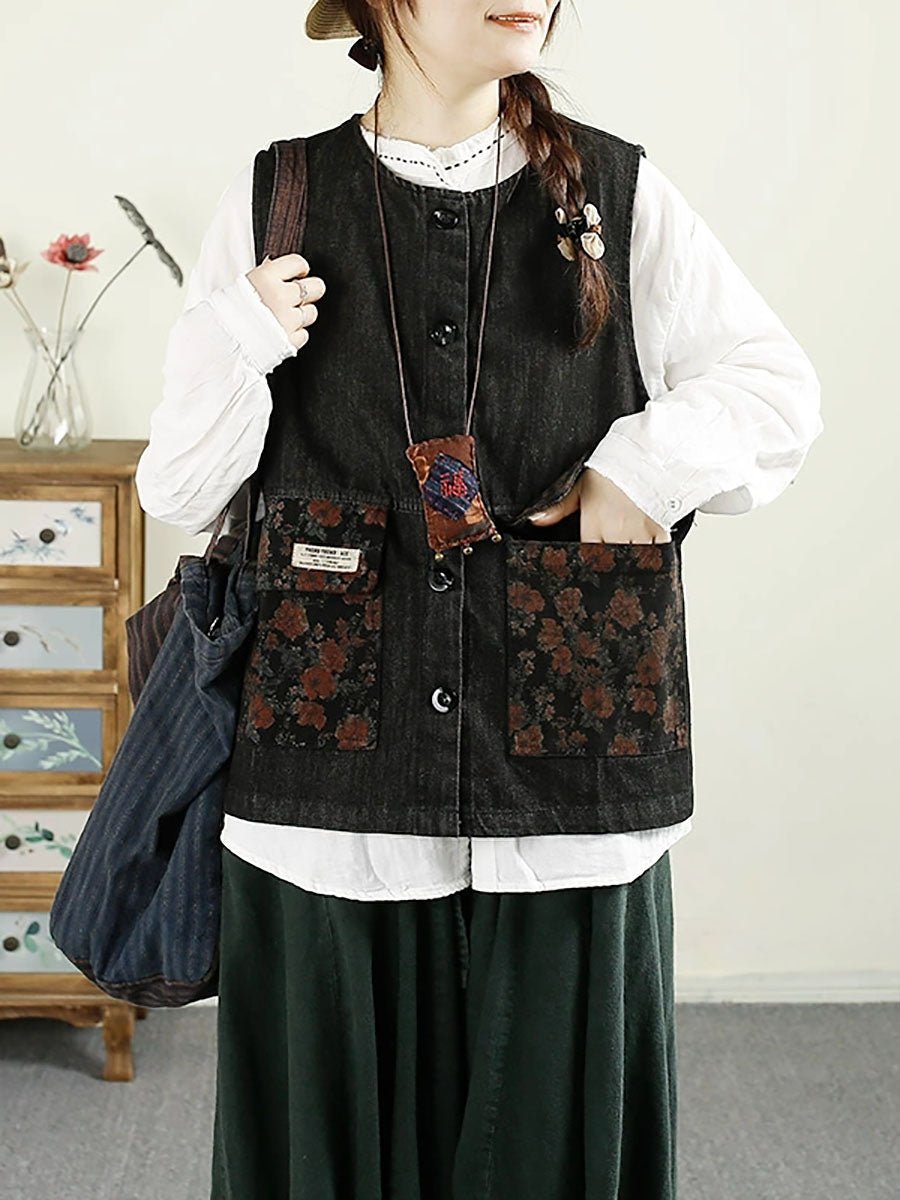 Women Ethnic Flower Patch Spliced O-Neck Cotton Vest AX1033