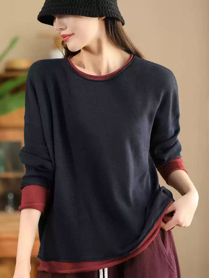 Women Casual Autumn Colorblock O-Neck Blouse AX1034