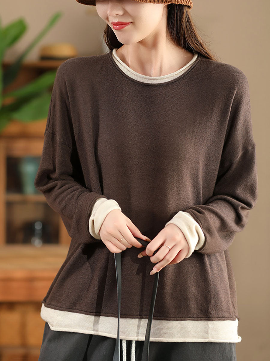 Women Casual Autumn Colorblock O-Neck Blouse AX1034