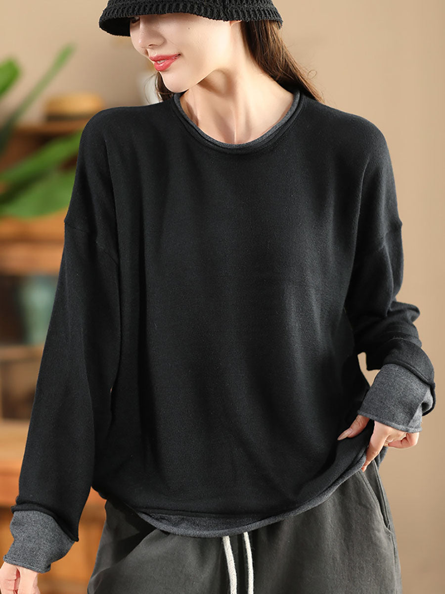 Women Casual Autumn Colorblock O-Neck Blouse AX1034