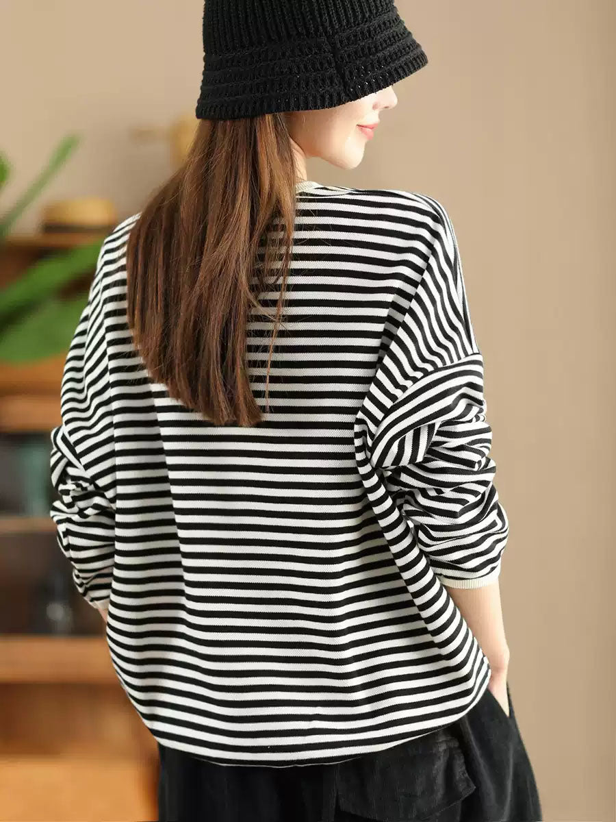 Women Casual Autumn Stripe O-Neck Cotton Blouse AX1035