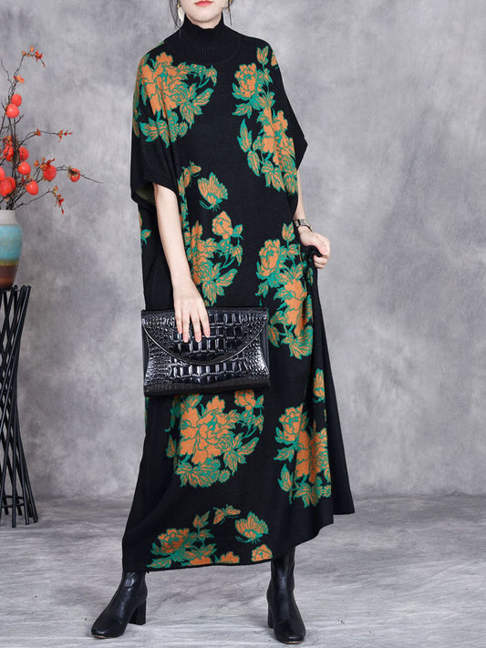 Women Autumn Artsy Flower Short Sleeve Half Turtleneck Knit Dress AX1038