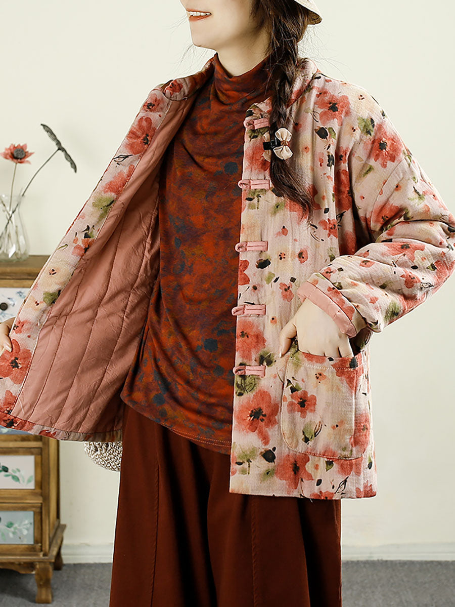 Women Ethnic Autumn Flower Cotton Stand Collar Coat AX1042