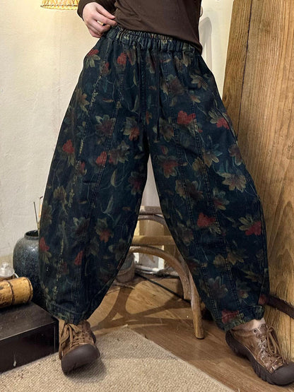 Women Autumn Retro Flower Spliced Denim Harem Pants AX1039