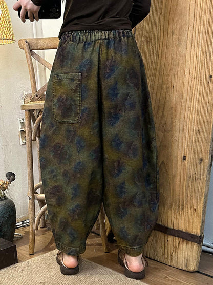 Women Autumn Retro Flower Spliced Denim Harem Pants AX1039