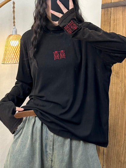 Women Autumn Embroidery Turtleneck Cotton Sweatshirt AX1022