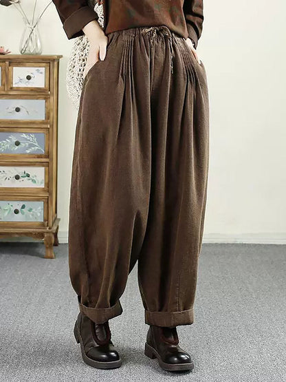 Women Autumn Vintage Solid Shirred Linen Harem Pants AV1014