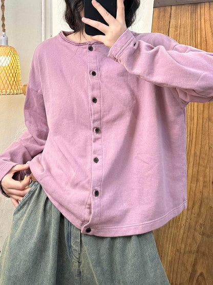 Women Casual Autumn Solid O-Neck Button Cotton Blouse AV1015