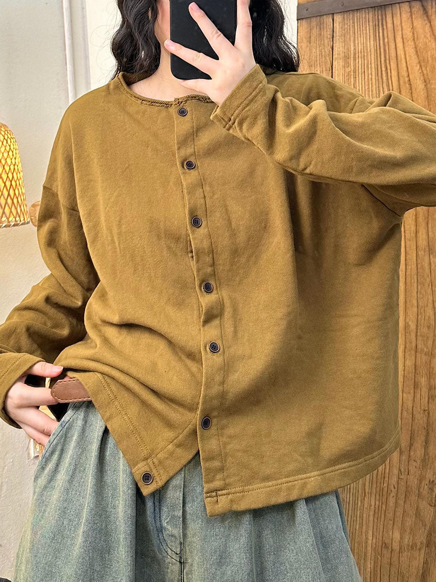 Women Casual Autumn Solid O-Neck Button Cotton Blouse AV1015