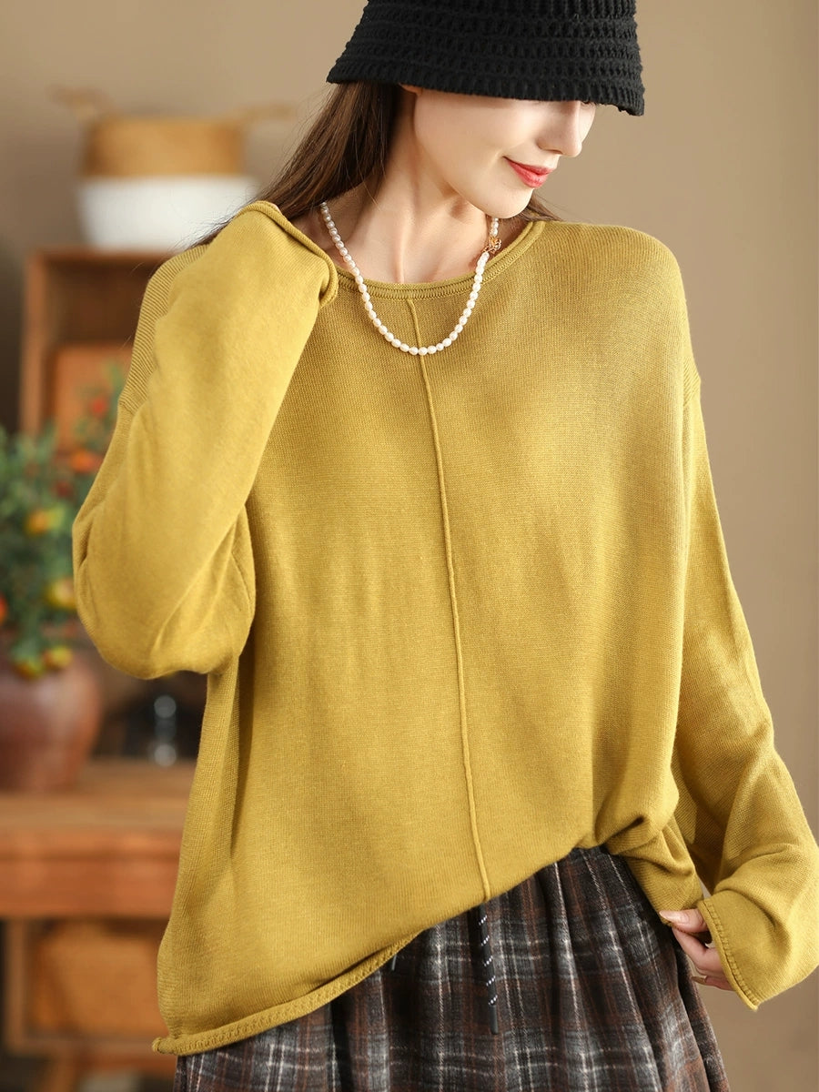 Women Solid Casual O-Neck Knit Loose Silk Blouse AV1036