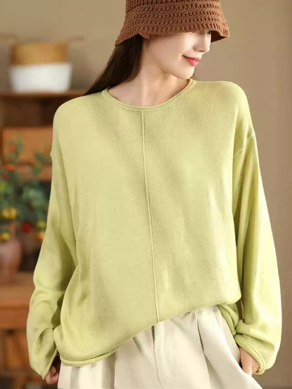 Women Solid Casual O-Neck Knit Loose Silk Blouse WG033