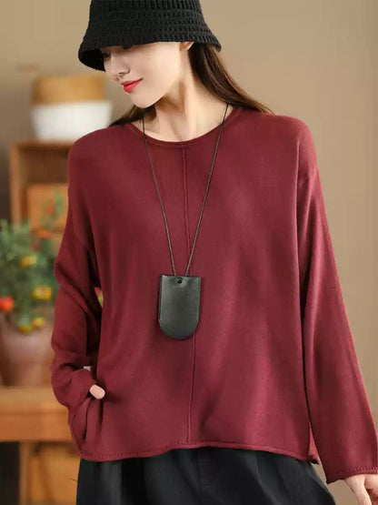 Women Solid Casual O-Neck Knit Loose Silk Blouse WG033