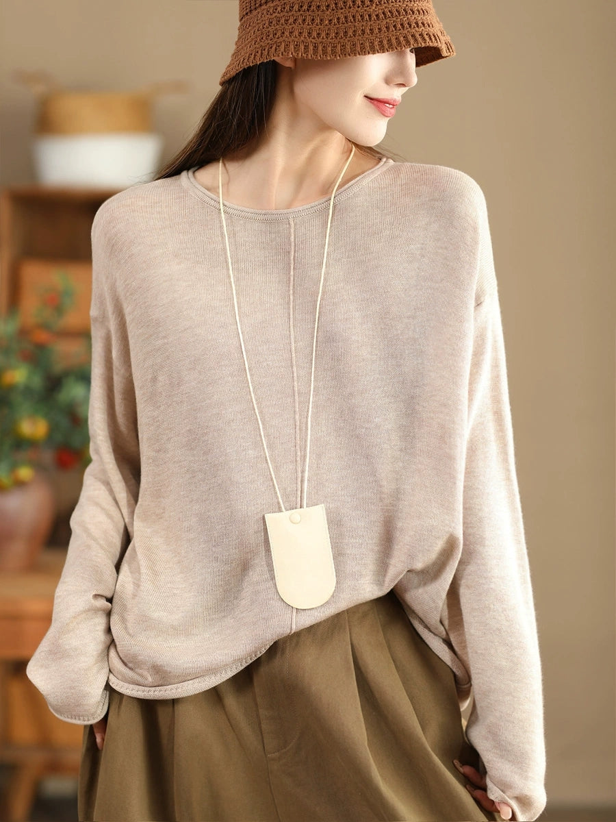 Women Solid Casual O-Neck Knit Loose Silk Blouse AV1036