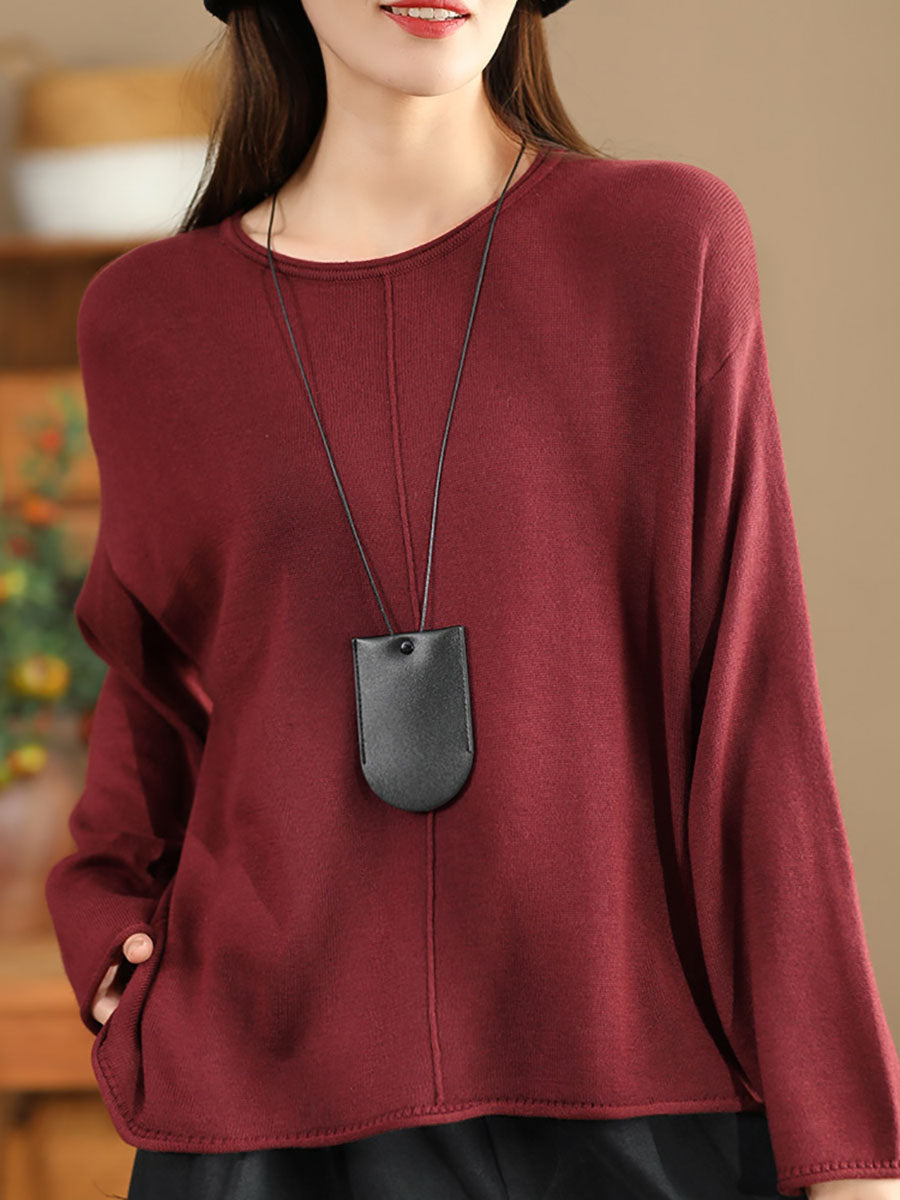 Women Solid Casual O-Neck Knit Loose Silk Blouse AV1036