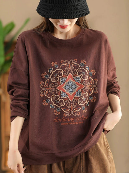 Women Autumn Flower Embroidery O-Neck Cotton Sweatshirt WG034