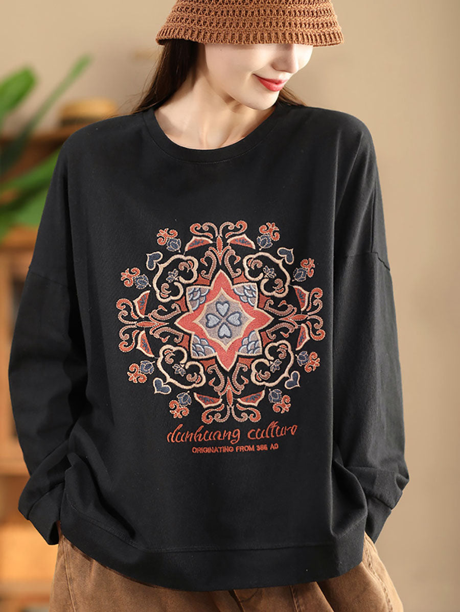 Women Autumn Flower Embroidery O-Neck Cotton Sweatshirt  AV1026