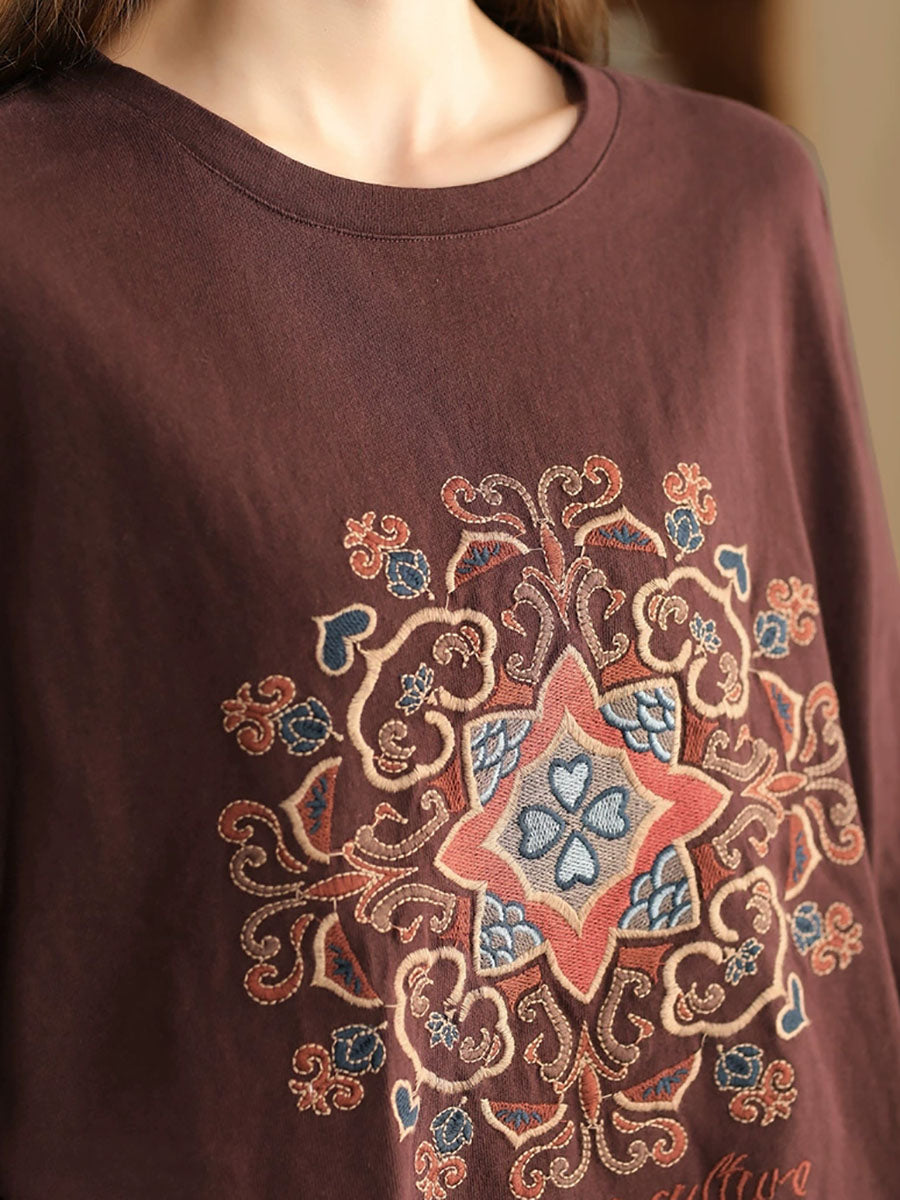 Women Autumn Flower Embroidery O-Neck Cotton Sweatshirt  AV1026