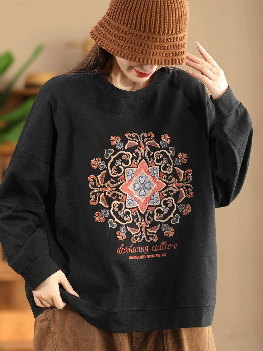 Women Autumn Flower Embroidery O-Neck Cotton Sweatshirt  AV1026