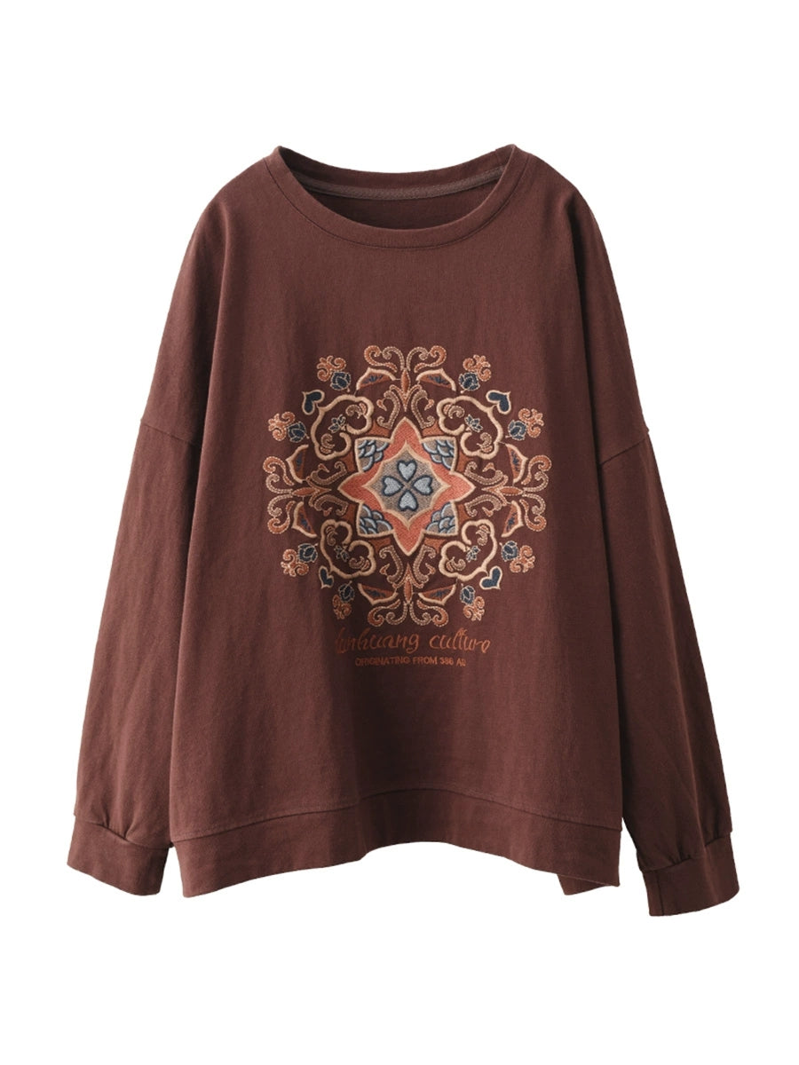 Women Autumn Flower Embroidery O-Neck Cotton Sweatshirt  AV1026