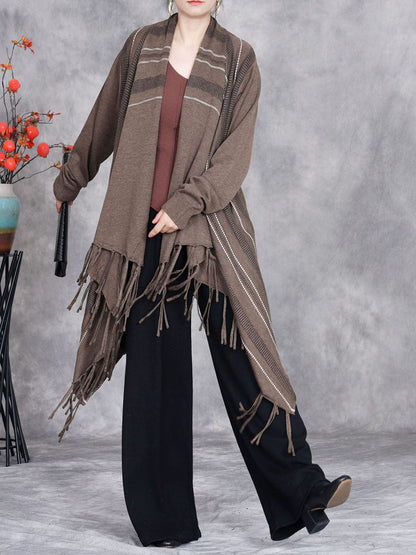 Women Autumn Artsy Stripe Knitted Tassel Cardigan Coat WG032