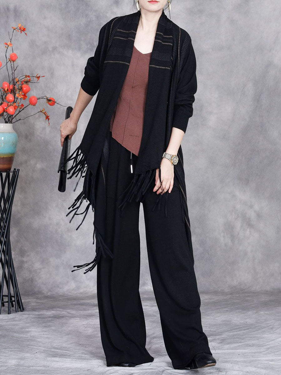 Women Autumn Artsy Stripe Knitted Tassel Cardigan Coat AV1049