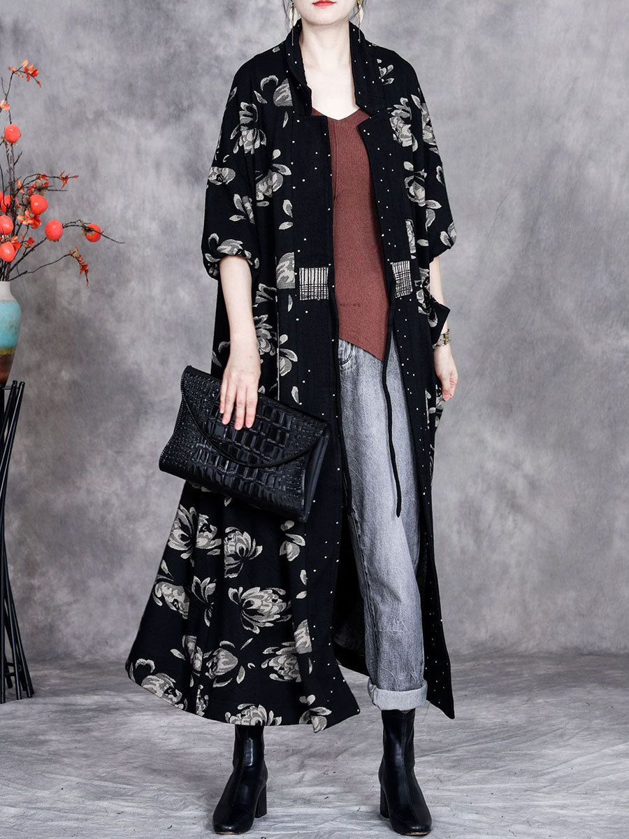 Women Artsy Autumn Flower Strap Cardigan Loose Coat AV1047