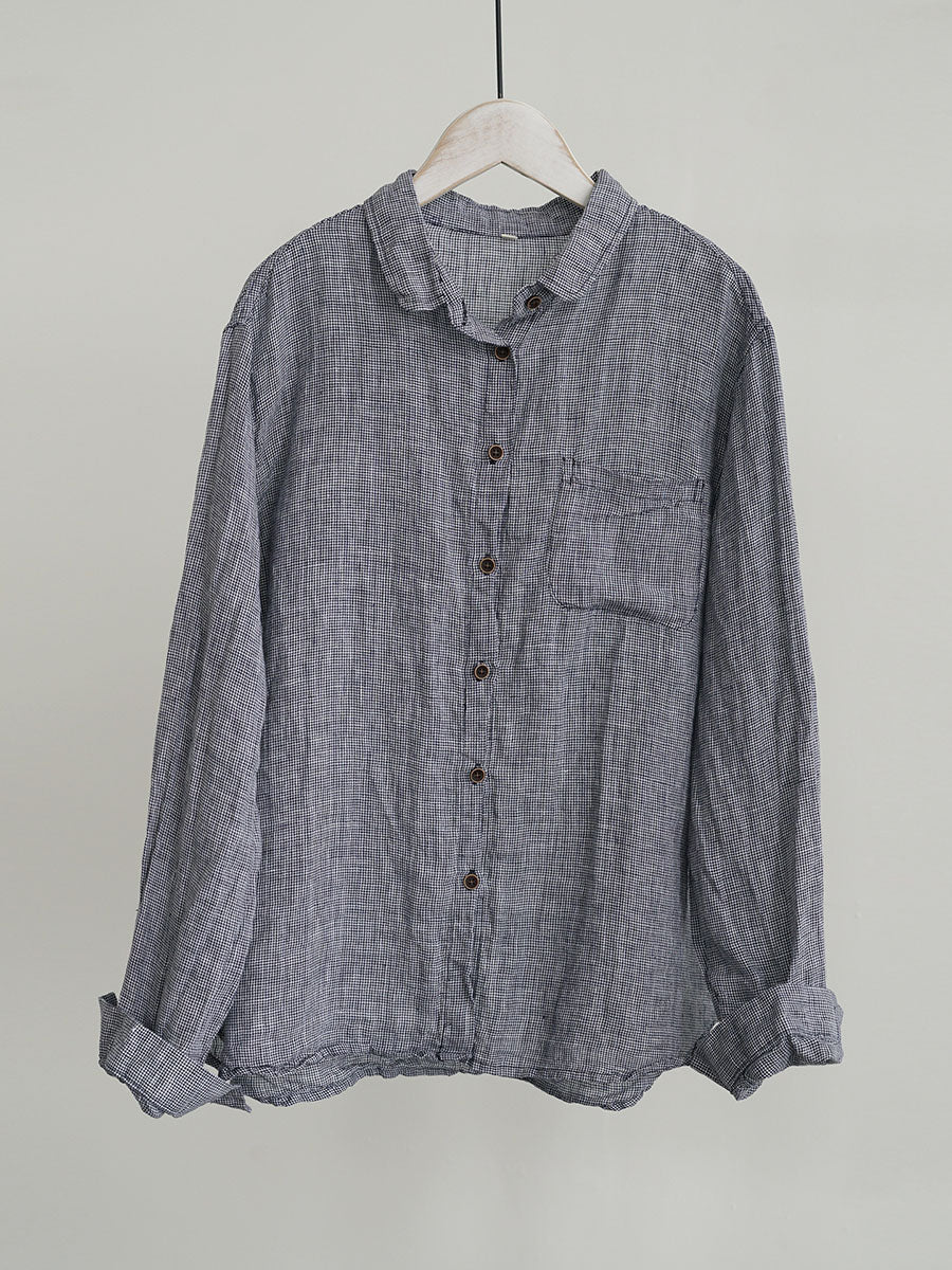 Women Ethnic Autumn Plaid Linen Shirt AV1061