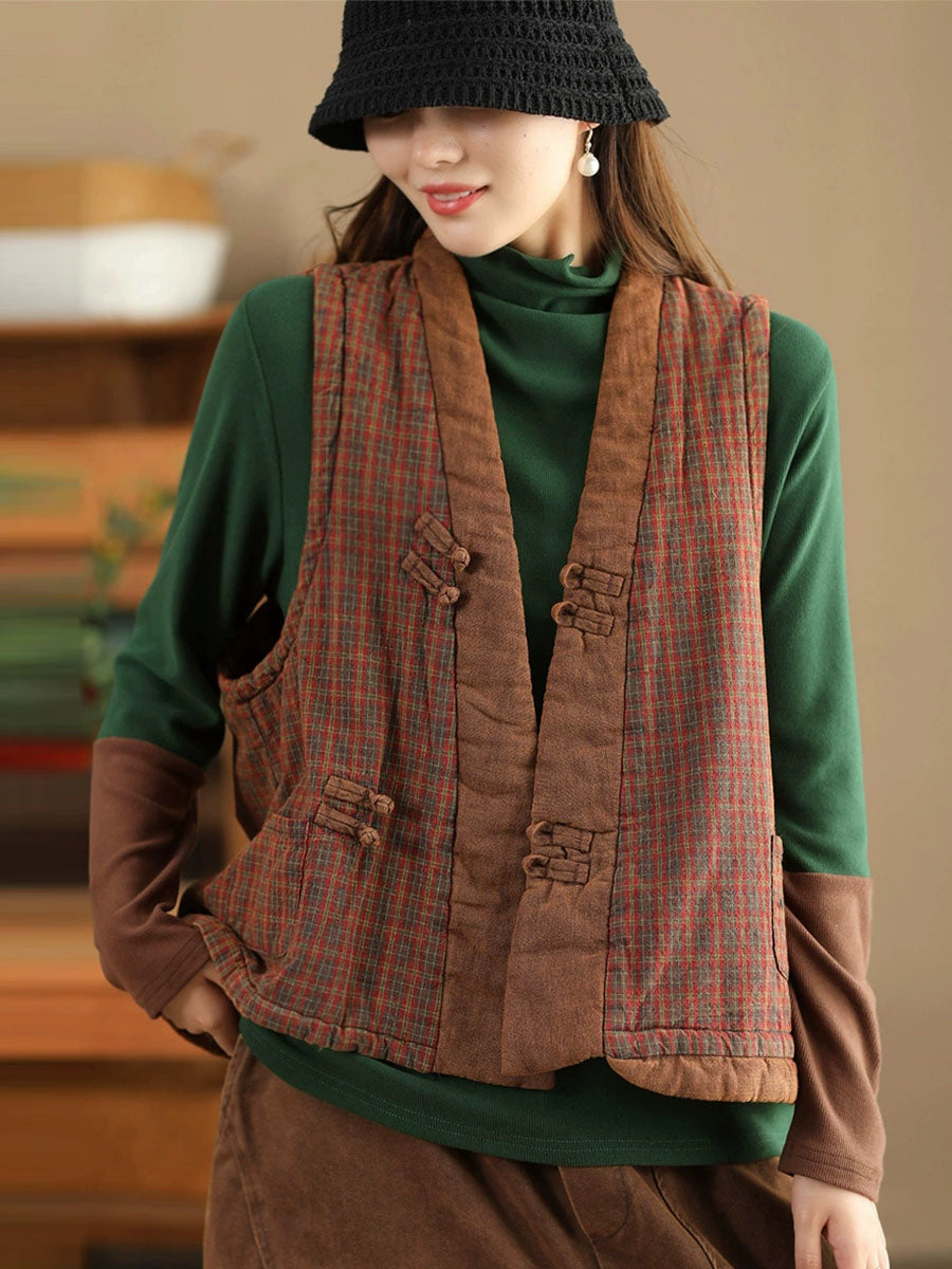 Women Ethnic Plaid Colorblock V-Neck Cotton Vest Coat AV1063