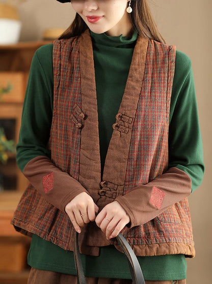 Women Ethnic Plaid Colorblock V-Neck Cotton Vest Coat AV1063