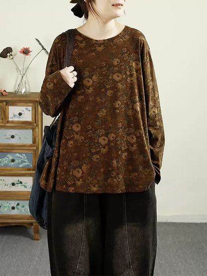 Women Autumn Flower O-Neck Cotton Blouse AV1051