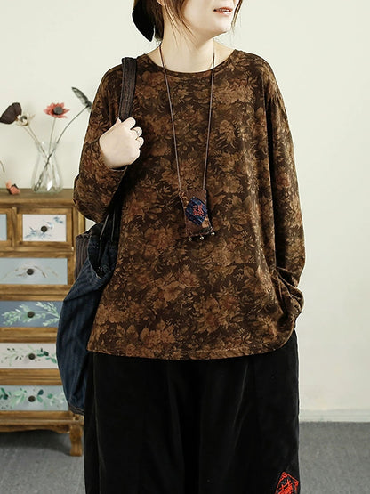 Women Autumn Flower O-Neck Cotton Blouse AV1051