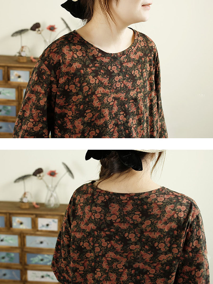 Women Autumn Flower O-Neck Cotton Blouse AV1051