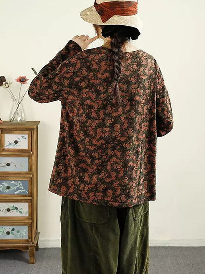 Women Autumn Flower O-Neck Cotton Blouse AV1051