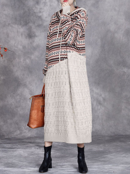 Women Autumn Artsy Spliced Knitted Hooded Dress BA1003