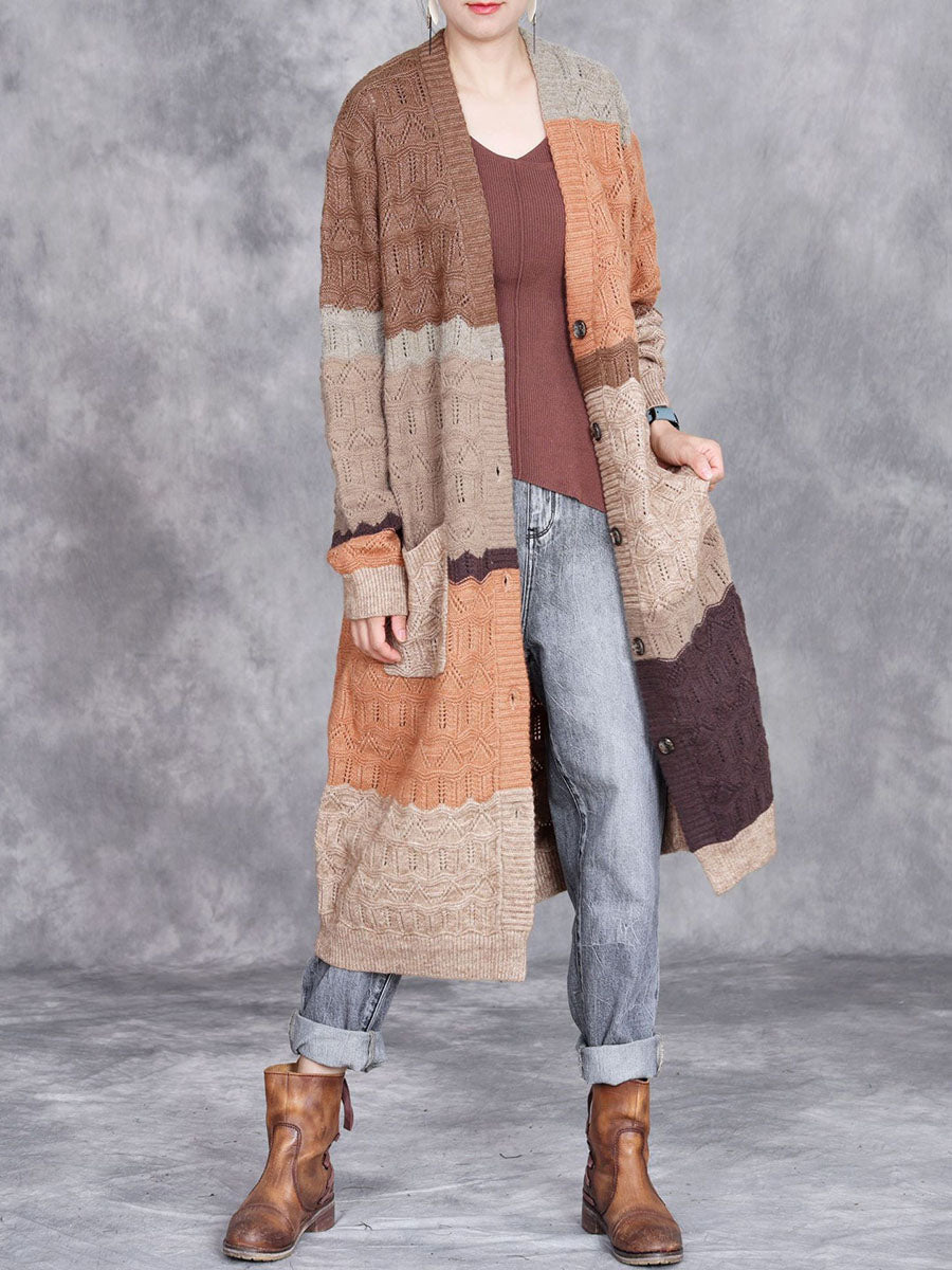 Women Autumn Artsy Colorblock Knitted V-Neck Cardigan Coat BA1001