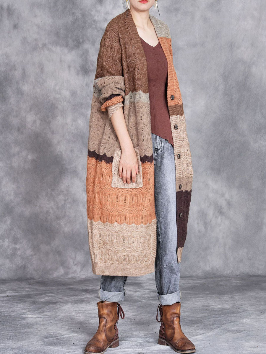 Women Autumn Artsy Colorblock Knitted V-Neck Cardigan Coat BA1001