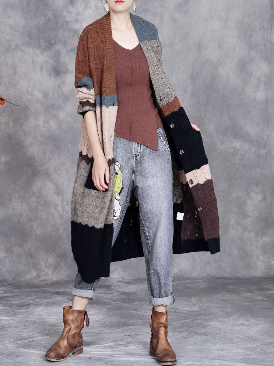 Women Autumn Artsy Colorblock Knitted V-Neck Cardigan Coat BA1001