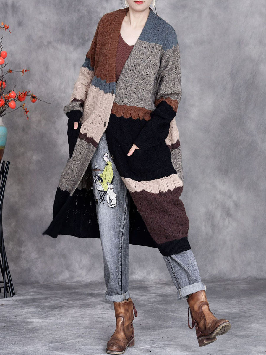 Women Autumn Artsy Colorblock Knitted V-Neck Cardigan Coat BA1001