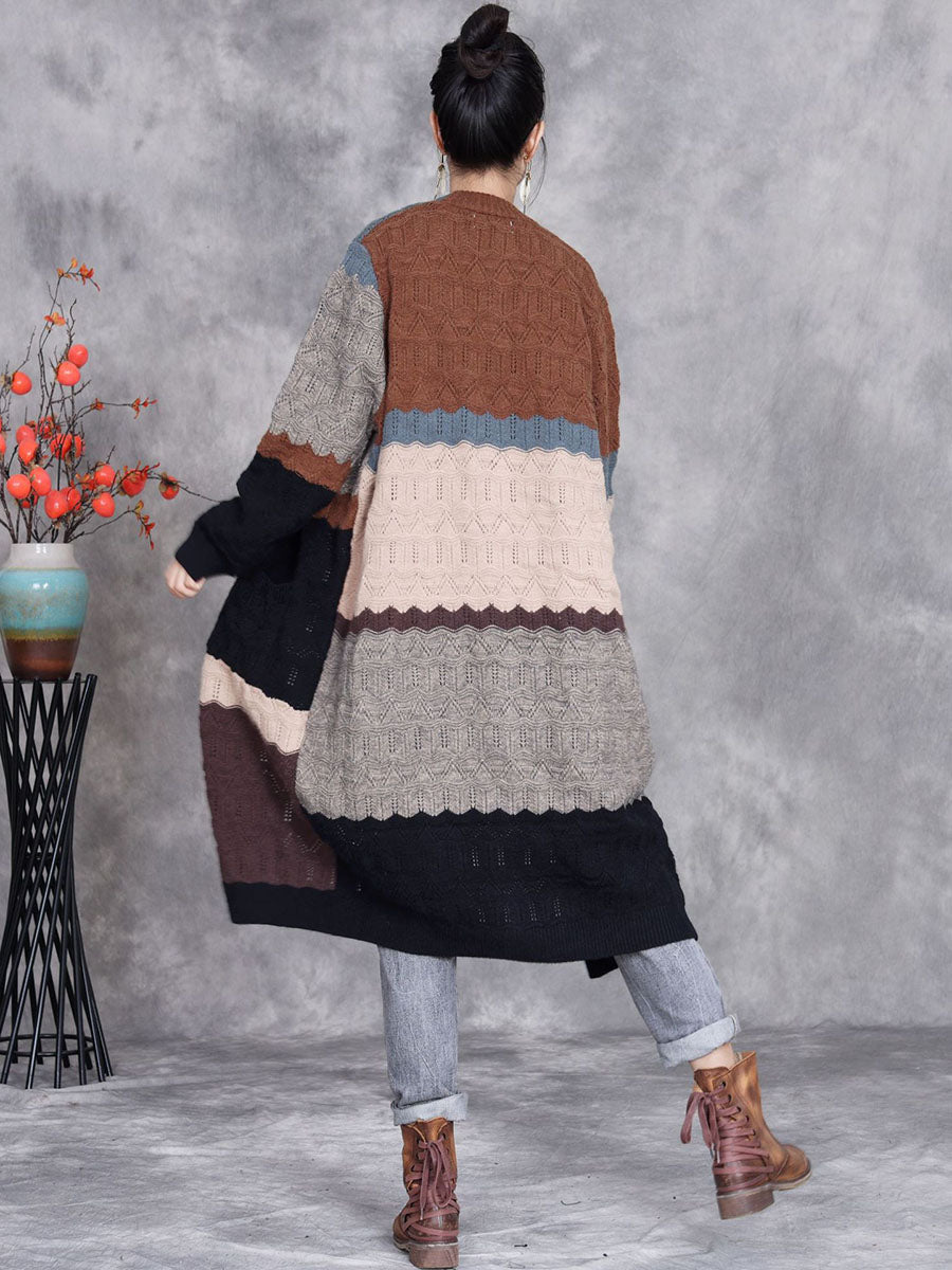 Women Autumn Artsy Colorblock Knitted V-Neck Cardigan Coat BA1001