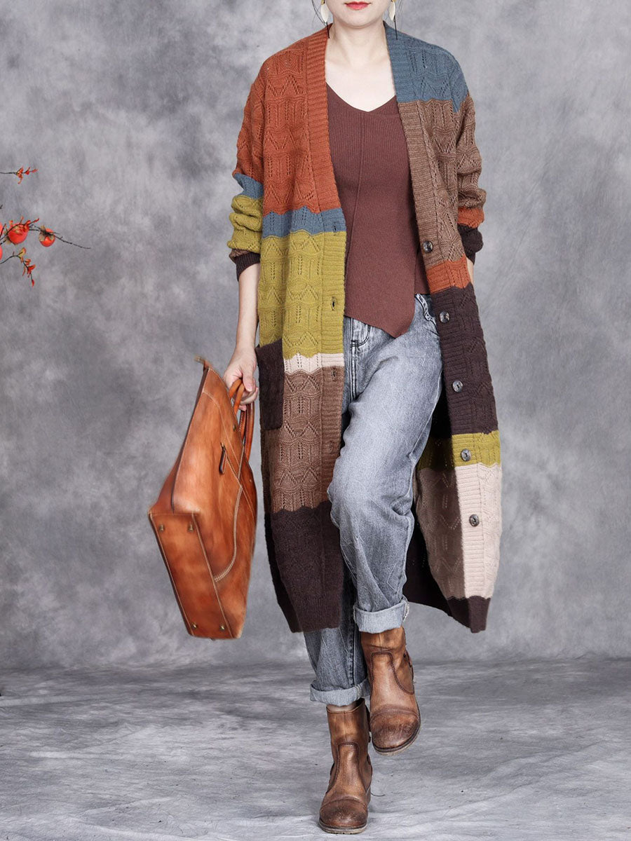 Women Autumn Artsy Colorblock Knitted V-Neck Cardigan Coat BA1001