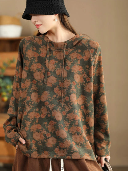 Women Autumn Vintage Flower Hooded Cotton Sweatshirt BA1012