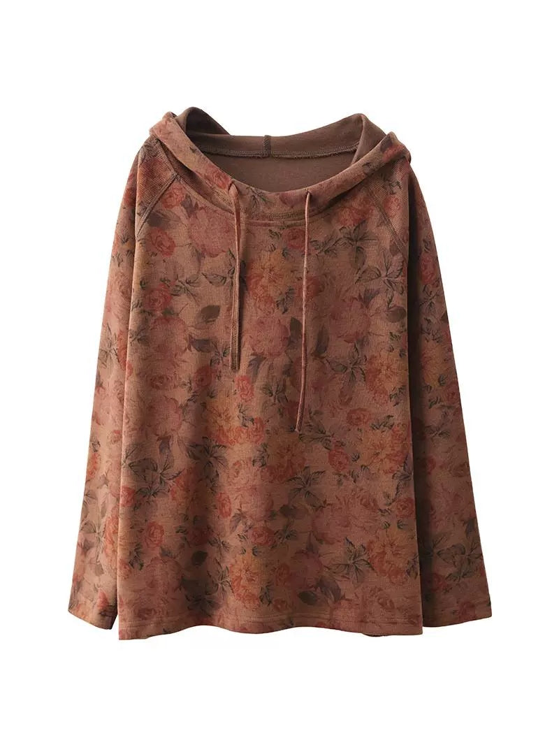 Women Autumn Vintage Flower Hooded Cotton Sweatshirt BA1012