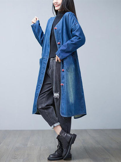 Women Casual Autumn Washed V-Neck Denim Long Coat BA1015