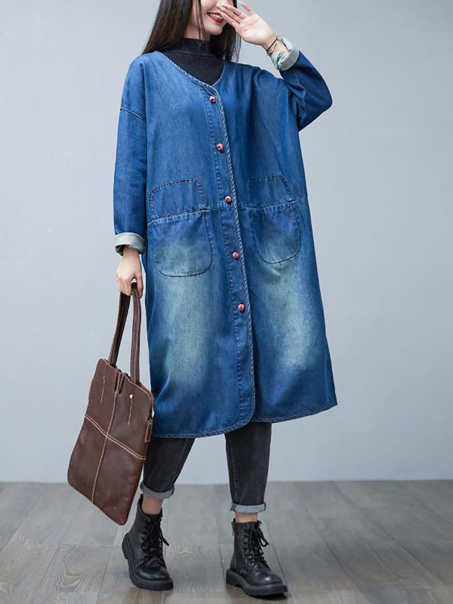 Manteau long en denim délavé à col en V pour femme, décontracté, automne, BA1015