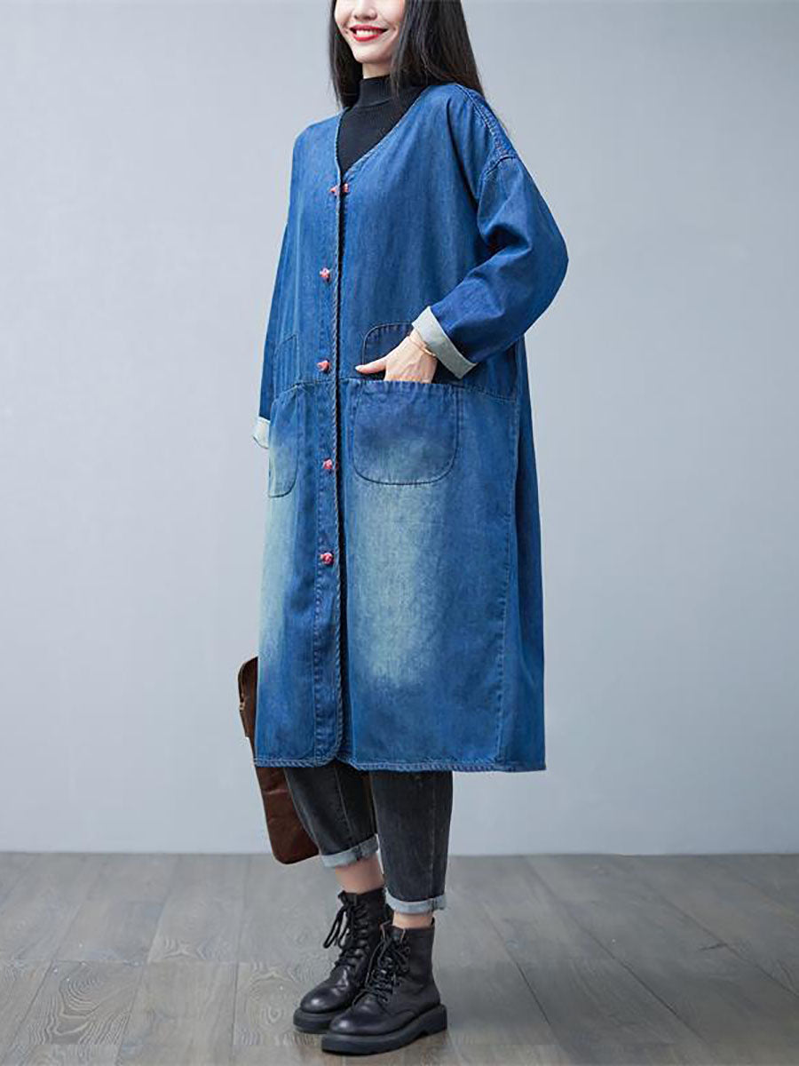 Women Casual Autumn Washed V-Neck Denim Long Coat BA1015