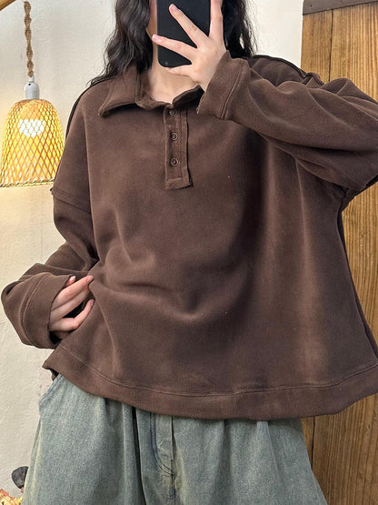 Women Autumn Retro Solid Turn-down Collar Cotton Sweatshirt BA1008